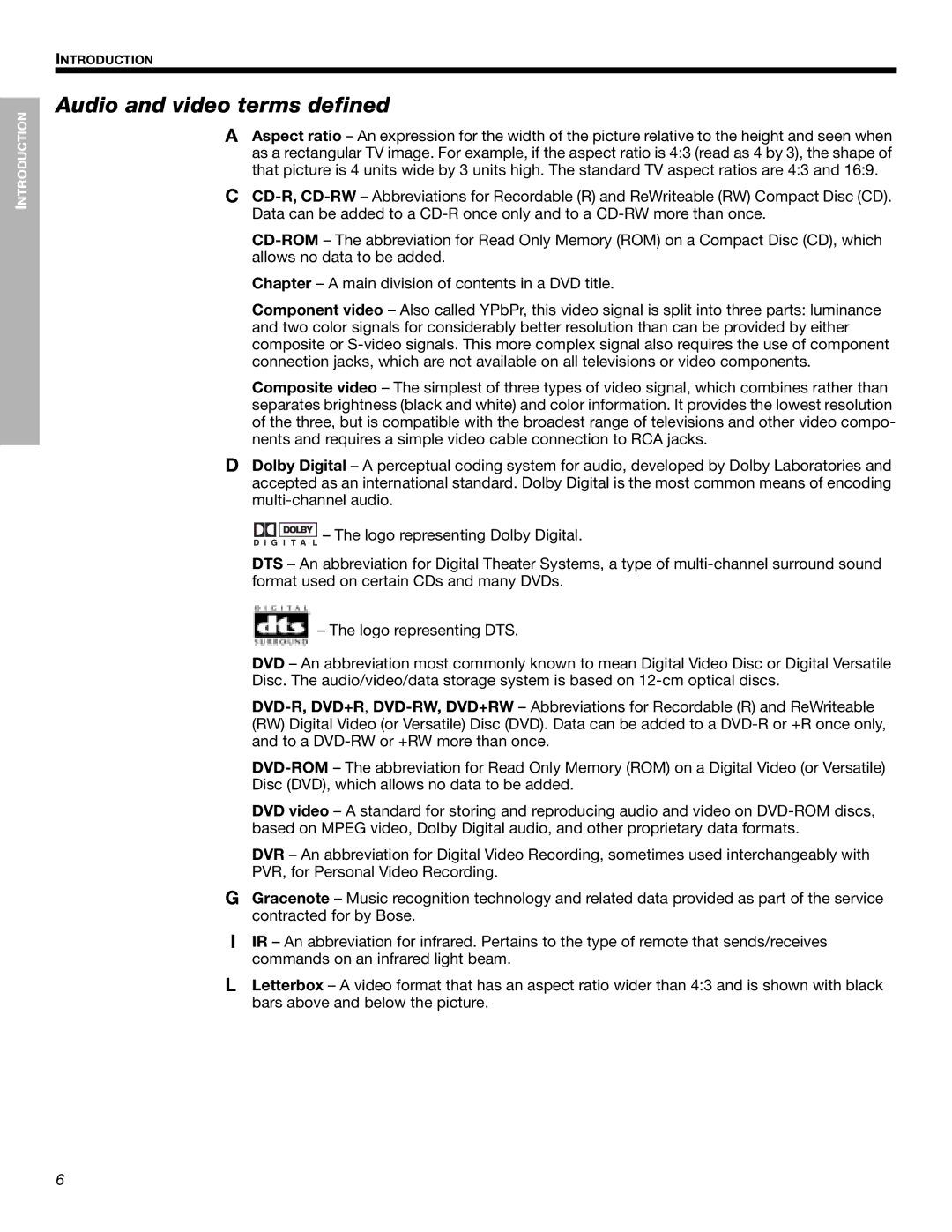 Bose 525p 625p manual Audio and video terms defined 