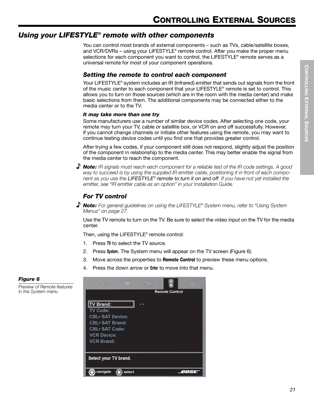 Bose 525p Using your LIFESTYLE! remote with other components, Setting the remote to control each component, For TV control 