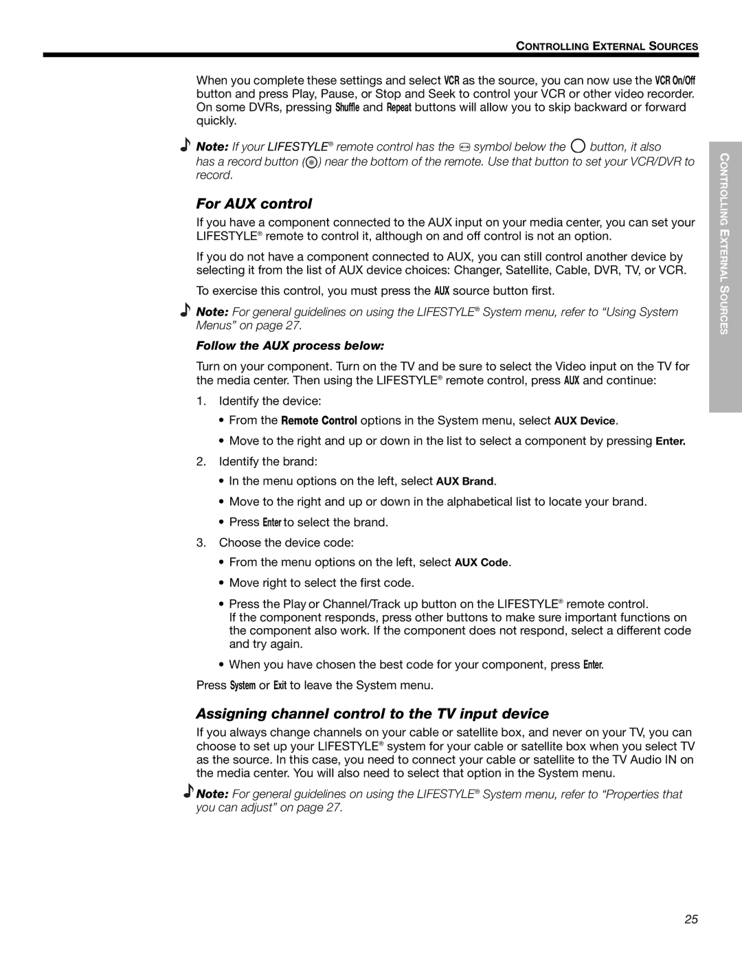 Bose 525p manual For AUX control, Assigning channel control to the TV input device, Follow the AUX process below 