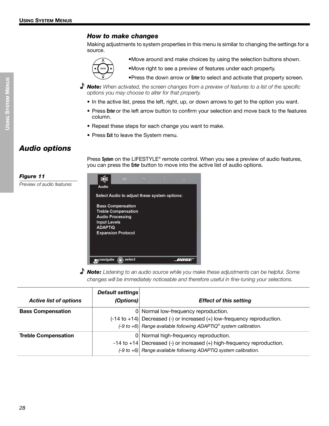 Bose 525p manual Audio options, How to make changes, Bass Compensation, Treble Compensation 