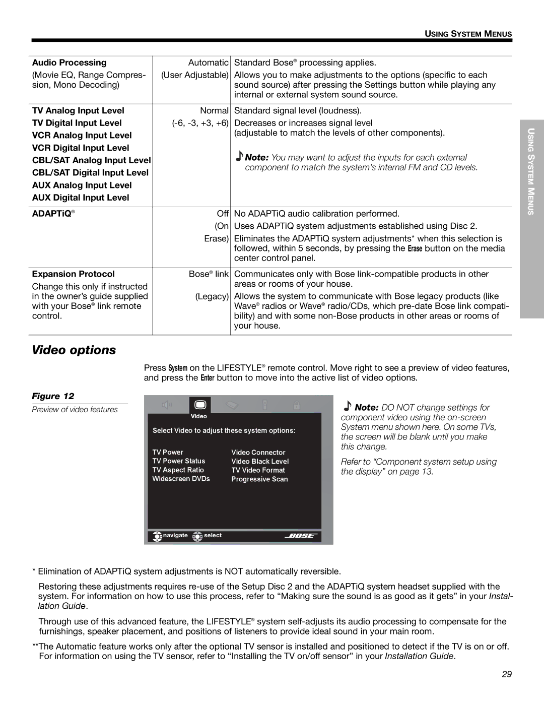 Bose 525p manual Video options 