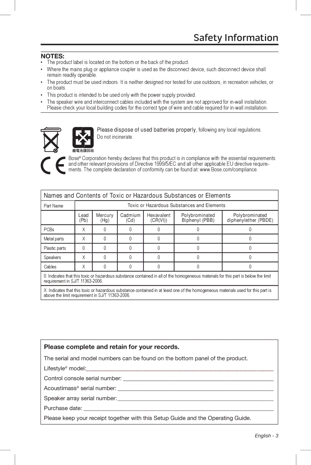 Bose 510, 535, 520, 525 setup guide Please complete and retain for your records, Part Name 