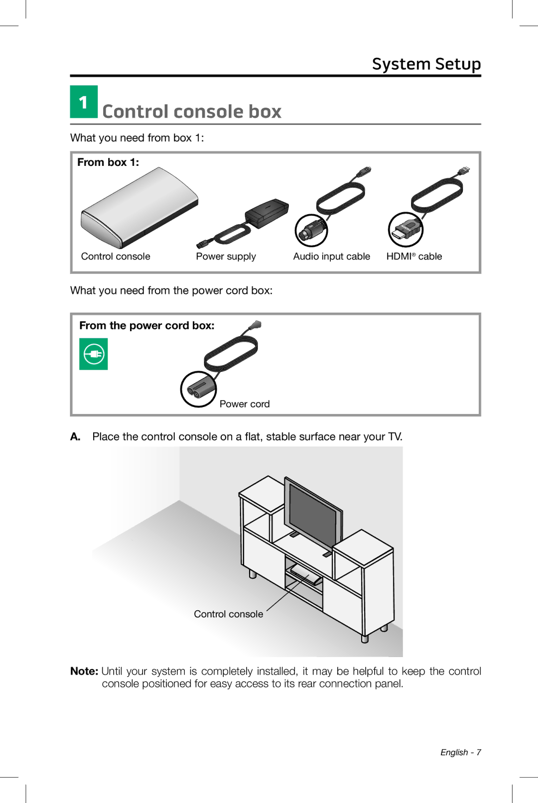 Bose 510, 535, 520, 525 setup guide Control console box, From box, From the power cord box 