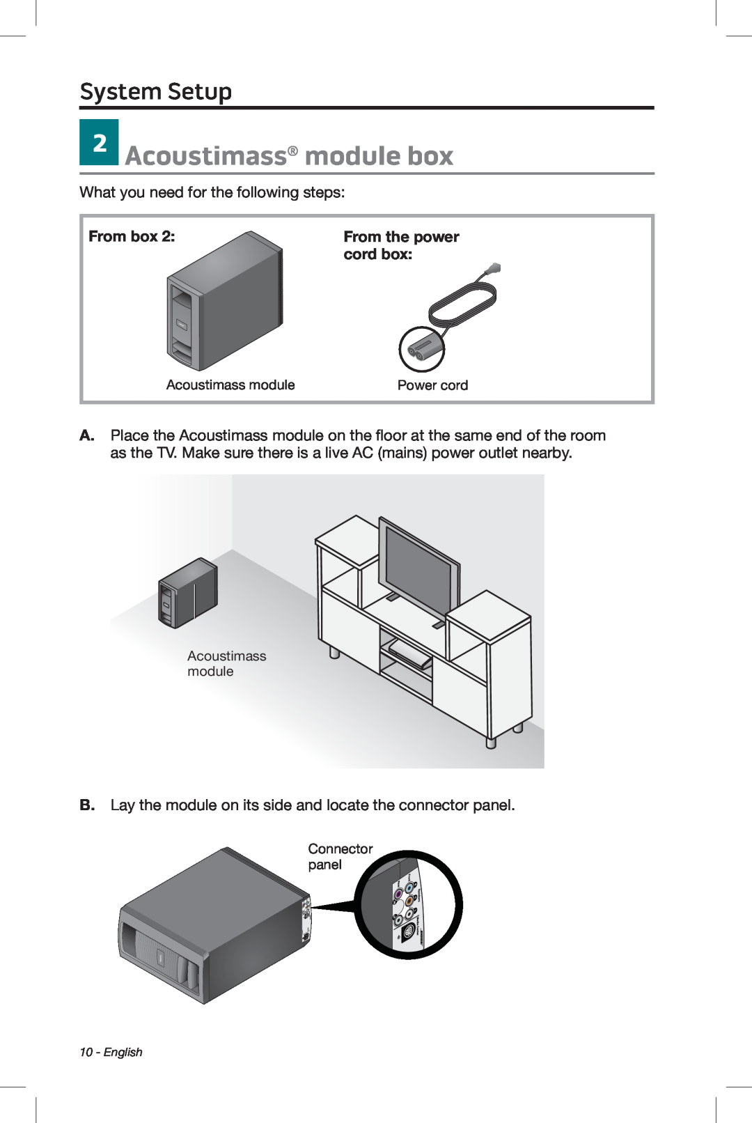 Bose 525, 535, 520, 510 setup guide 2Acoustimass module box, From the power, cord box, System Setup, From box, English 