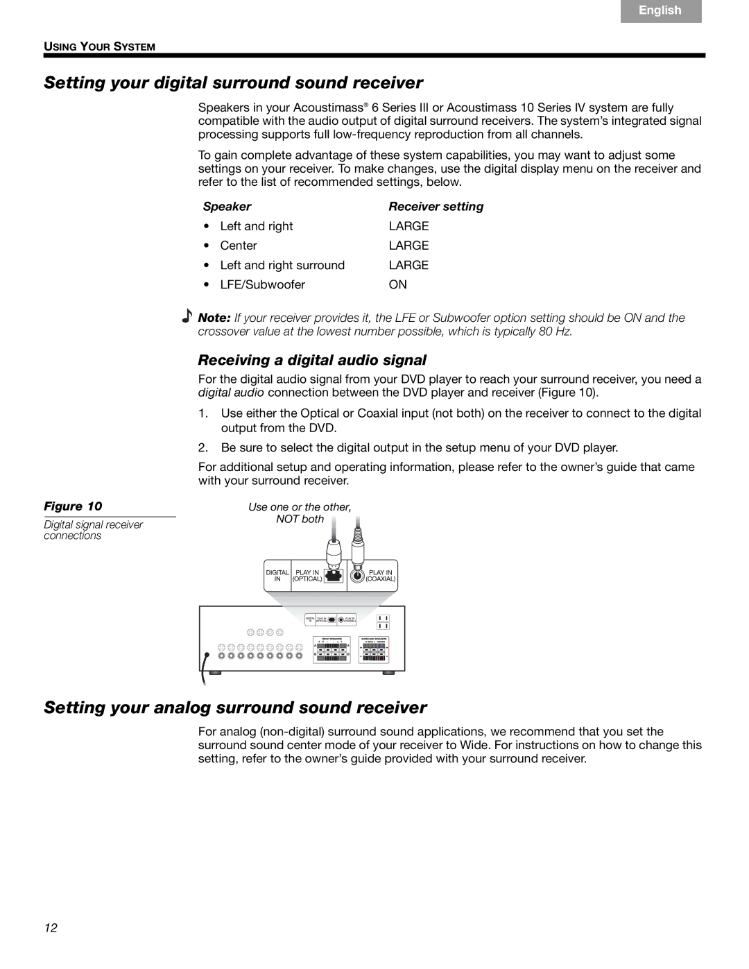 Bose 6 SERIES III, 10 Series IV Setting your digital surround sound receiver, Setting your analog surround sound receiver 