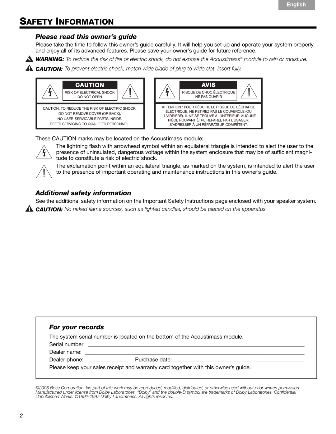 Bose 6 SERIES III, 10 Series IV manual Please read this owner’s guide, Additional safety information, For your records 