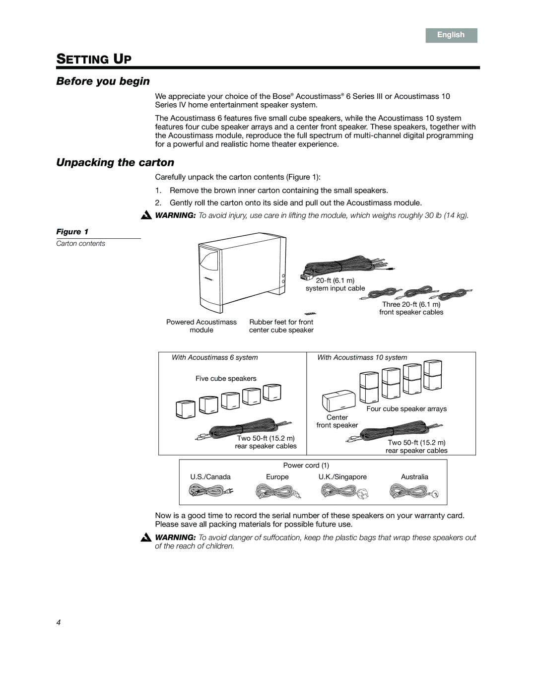 Bose 6 SERIES III, 10 Series IV manual Before you begin, Unpacking the carton 