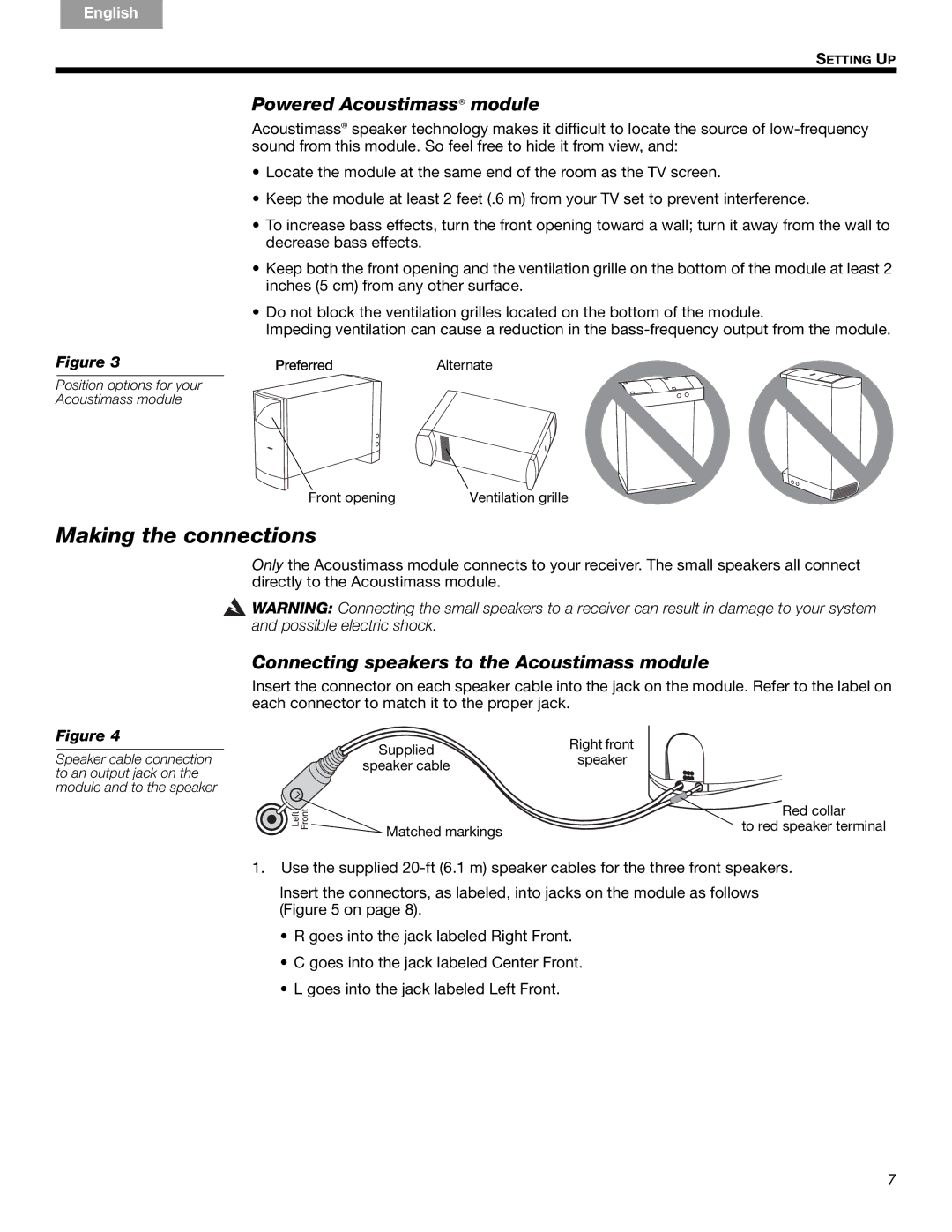 Bose 10 Series IV manual Making the connections, Powered Acoustimass module, Connecting speakers to the Acoustimass module 