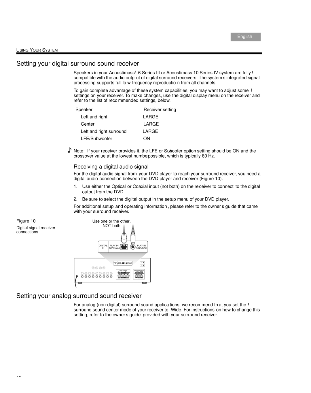 Bose 6 SERIES III, 10 Series IV Setting your digital surround sound receiver, Setting your analog surround sound receiver 