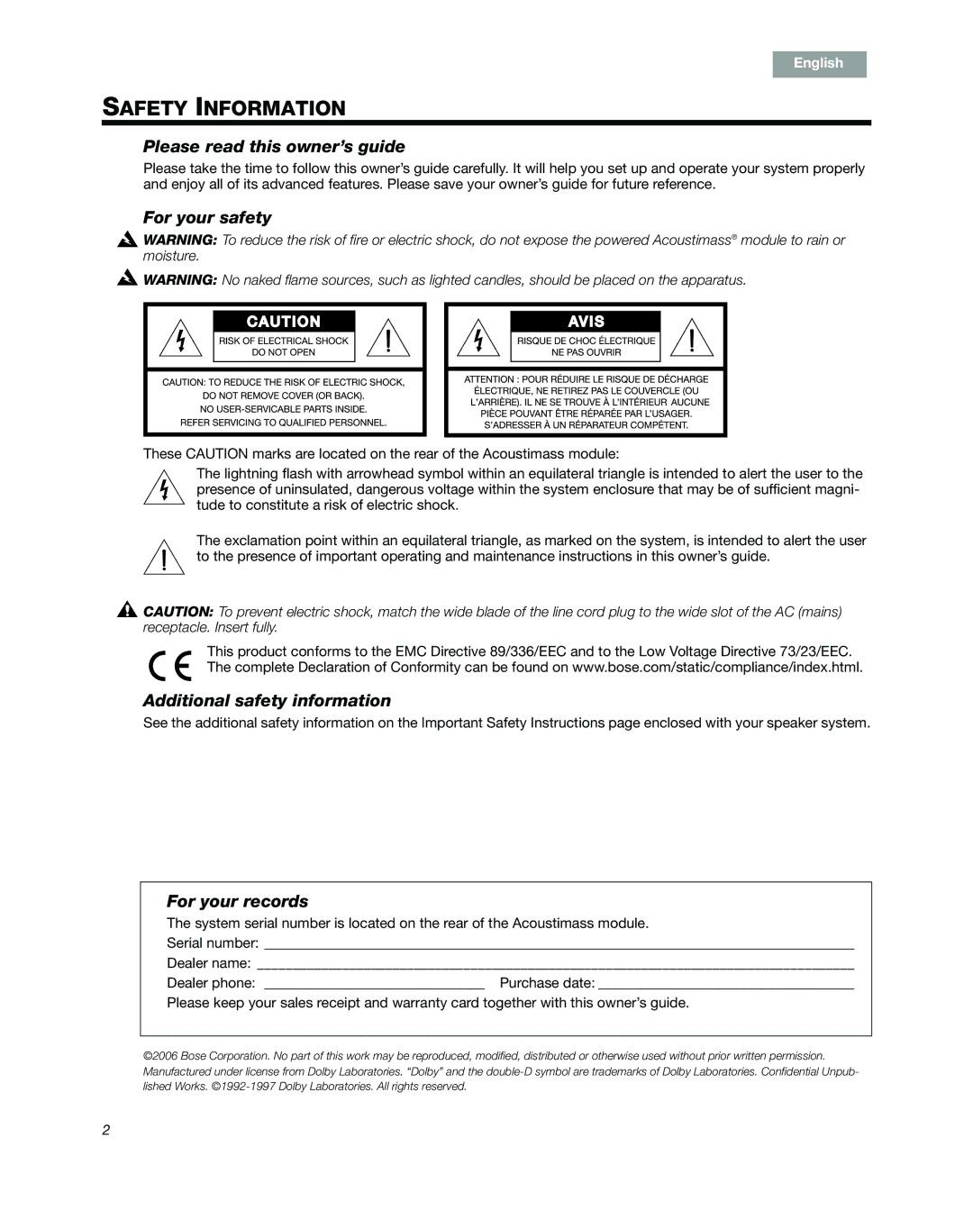 Bose 6 SERIES III manual Please read this owner’s guide, For your safety, Additional safety information, For your records 