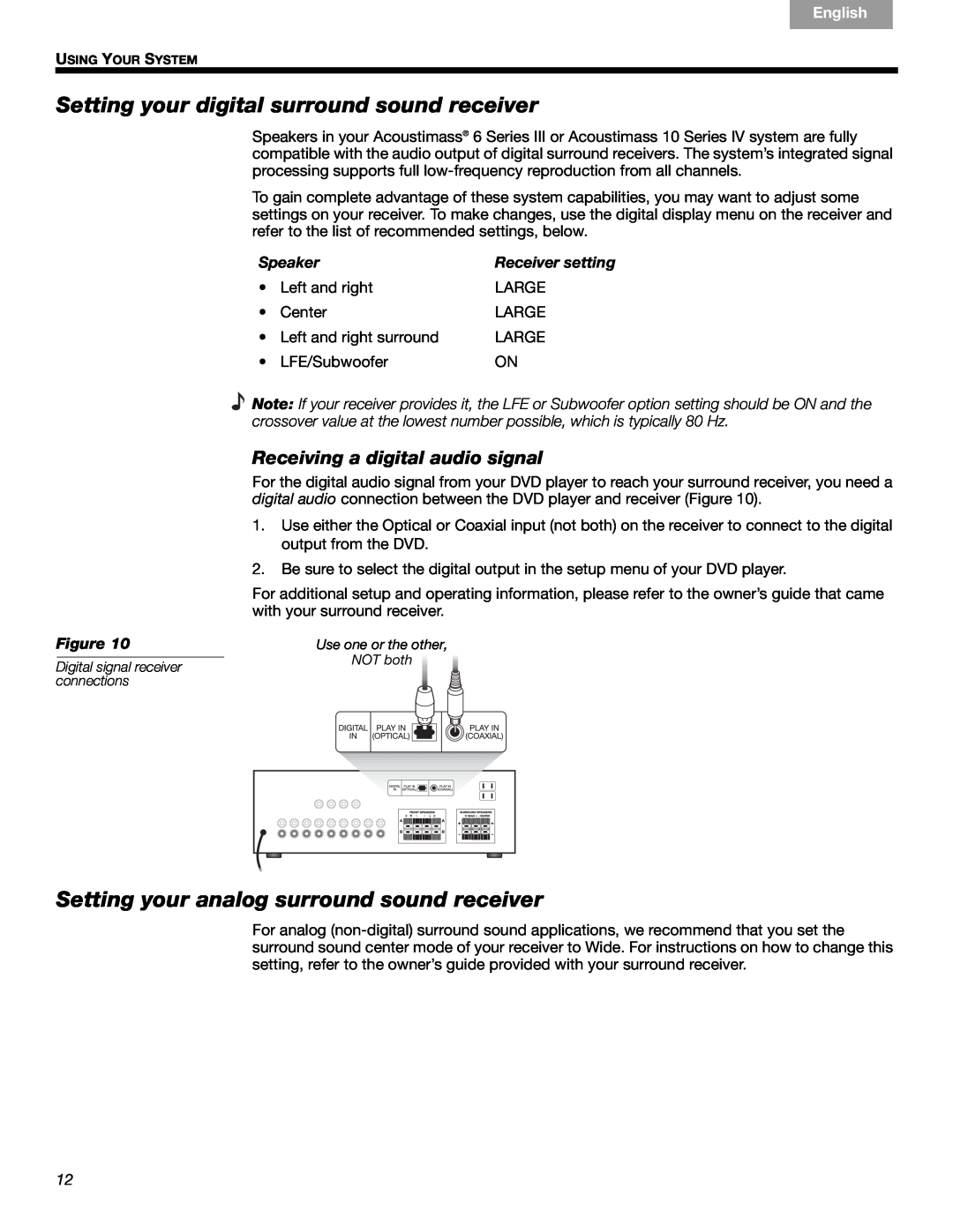 Bose 6 SERIES III manual Setting your digital surround sound receiver, Setting your analog surround sound receiver, Speaker 