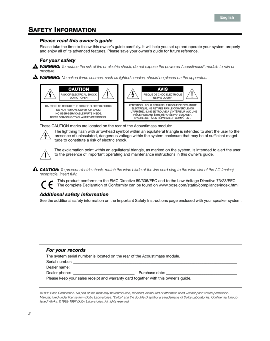 Bose 6 SERIES III manual Safety Information, Please read this owner’s guide, For your safety, Additional safety information 