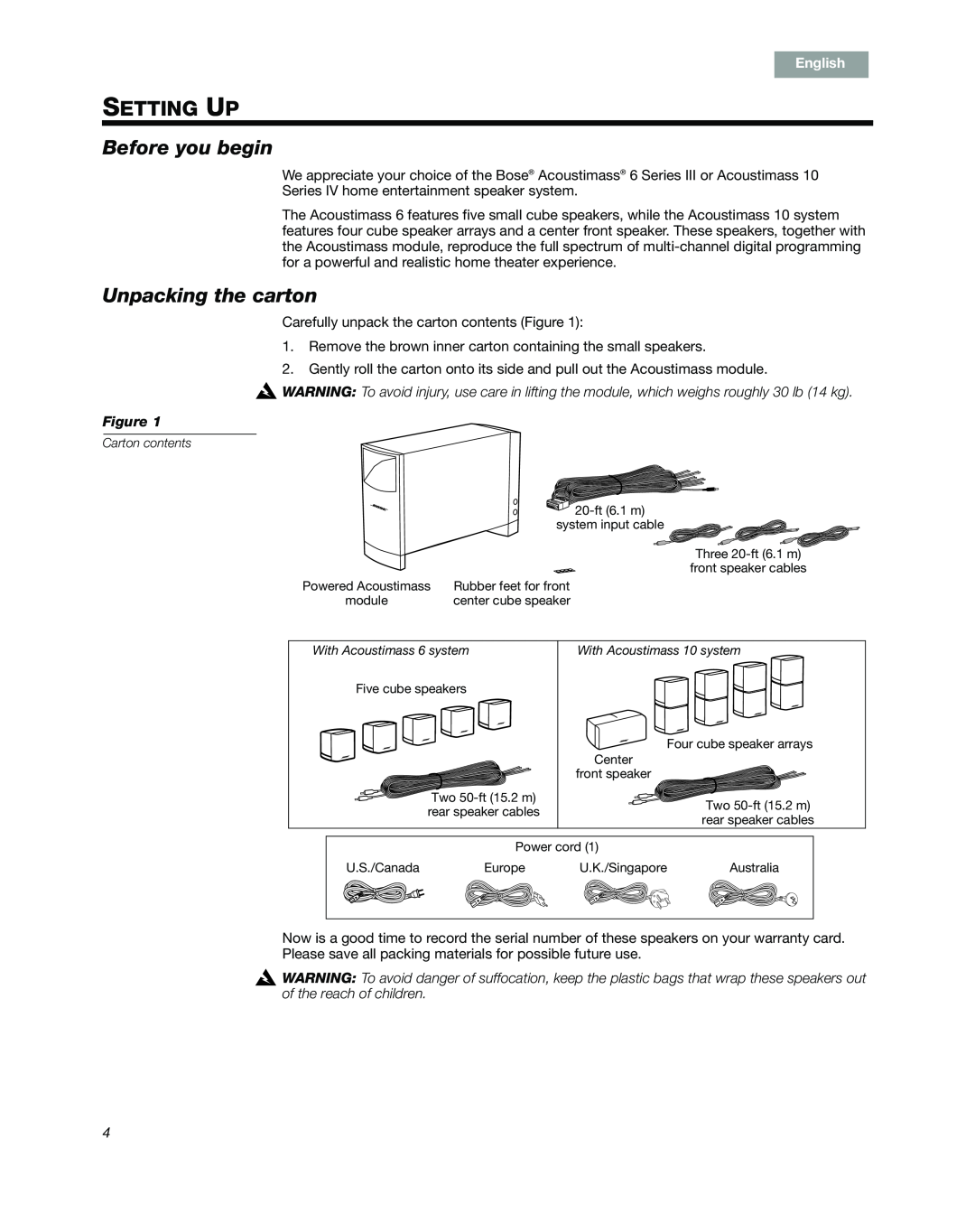 Bose 6 SERIES III, 10 Series IV manual Setting Up, Before you begin, Unpacking the carton, Français Español, English 
