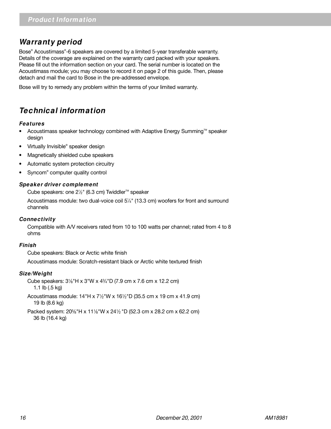 Bose 6 manual Warranty period, Technical information 