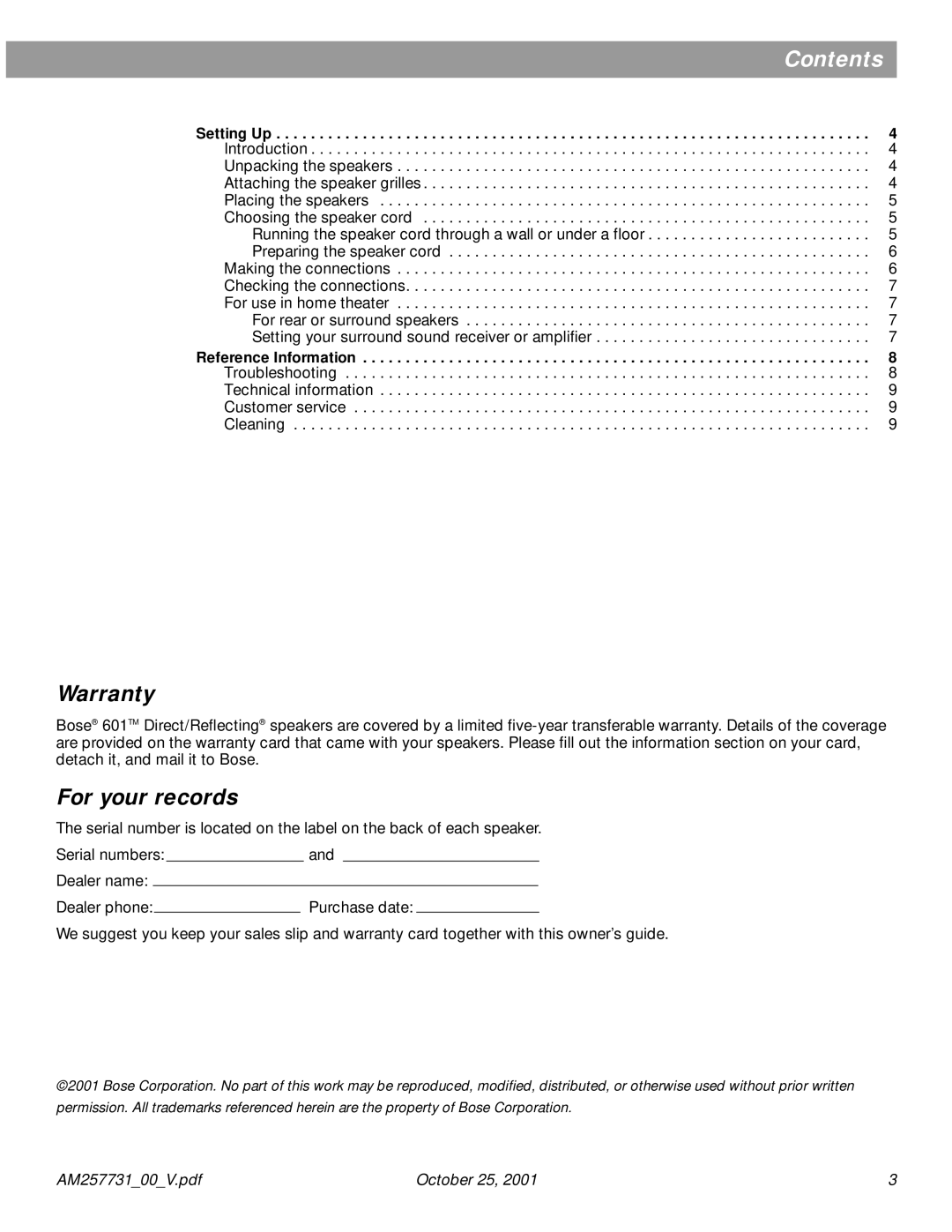 Bose 601TM manual Contents 