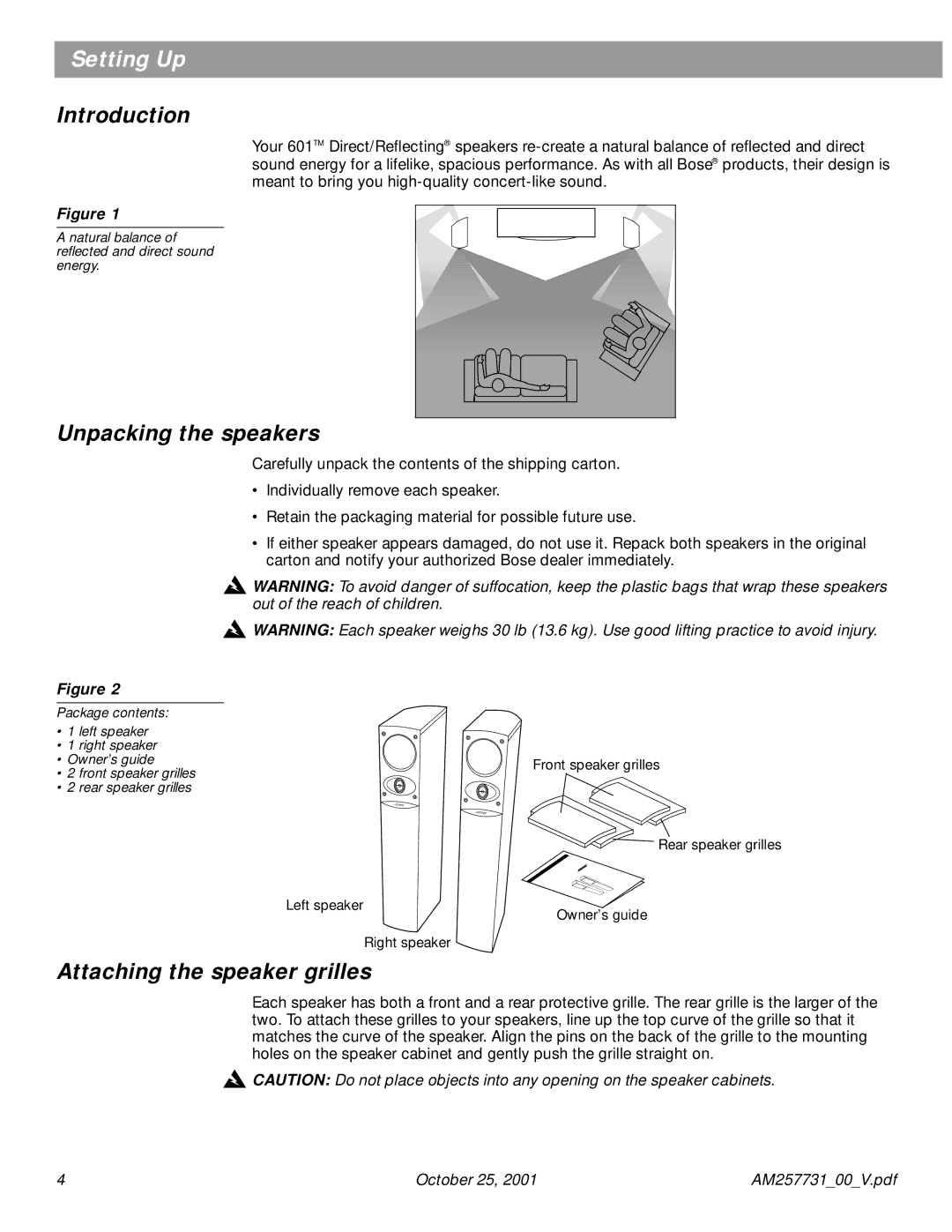 Bose 601TM manual Setting Up, Introduction, Unpacking the speakers, Attaching the speaker grilles 