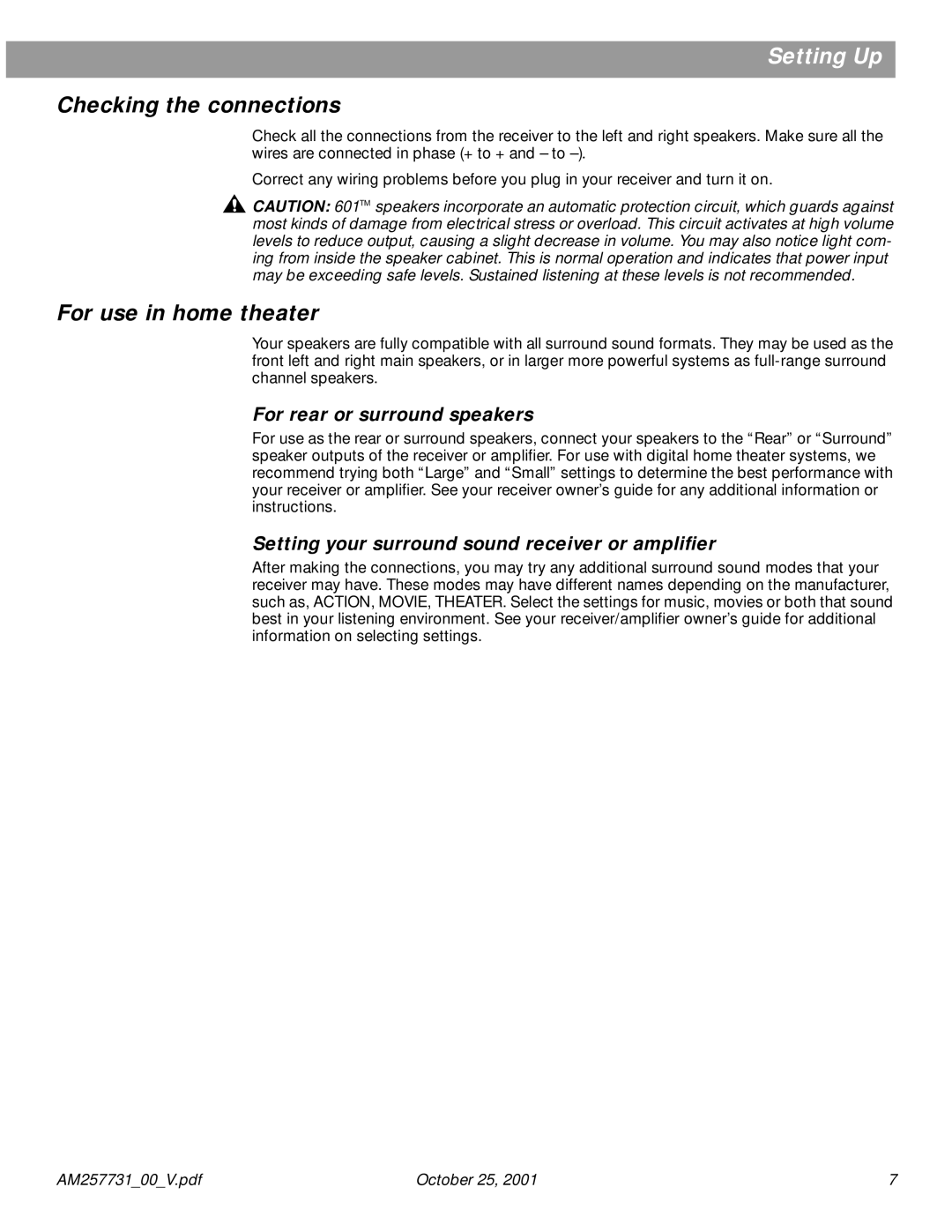 Bose 601TM manual Checking the connections, For use in home theater, For rear or surround speakers 