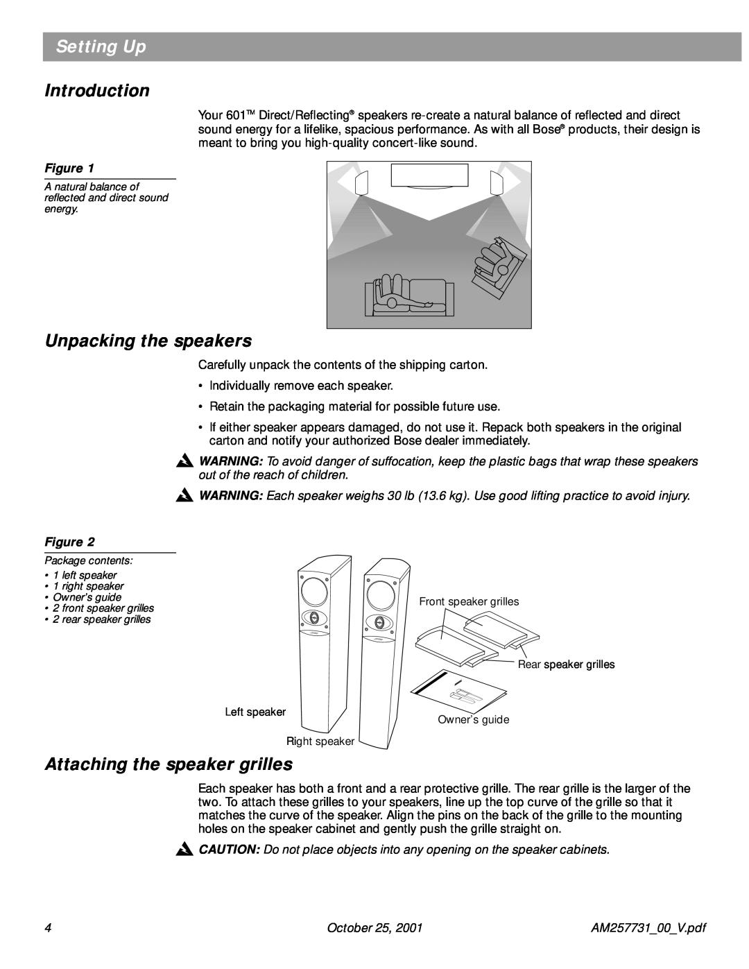 Bose 601TM manual Setting Up, Introduction, Unpacking the speakers, Attaching the speaker grilles, October 