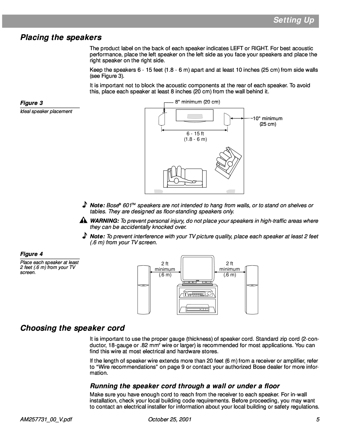 Bose 601TM manual Placing the speakers, Choosing the speaker cord, Setting Up, October 