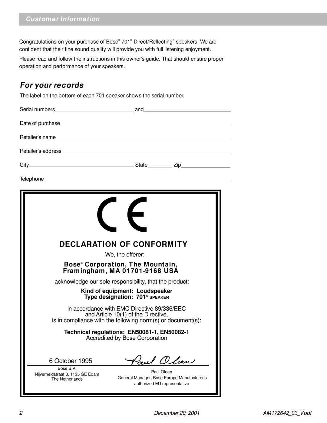 Bose 701 manual For your records, Customer Information 