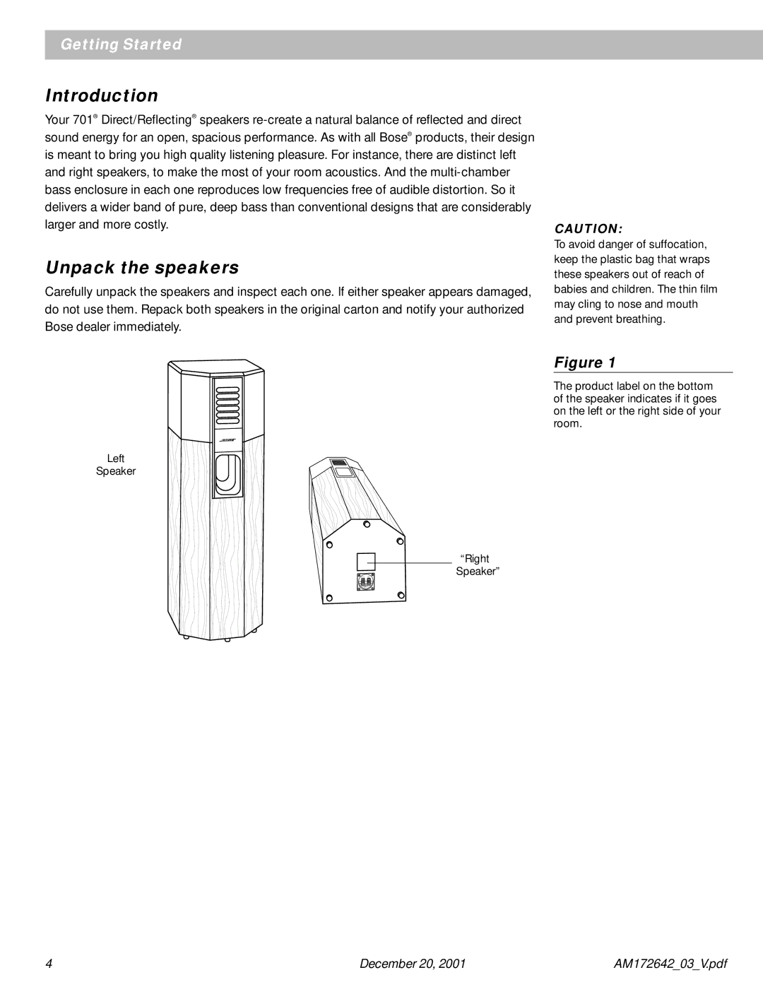 Bose 701 manual Introduction, Unpack the speakers 