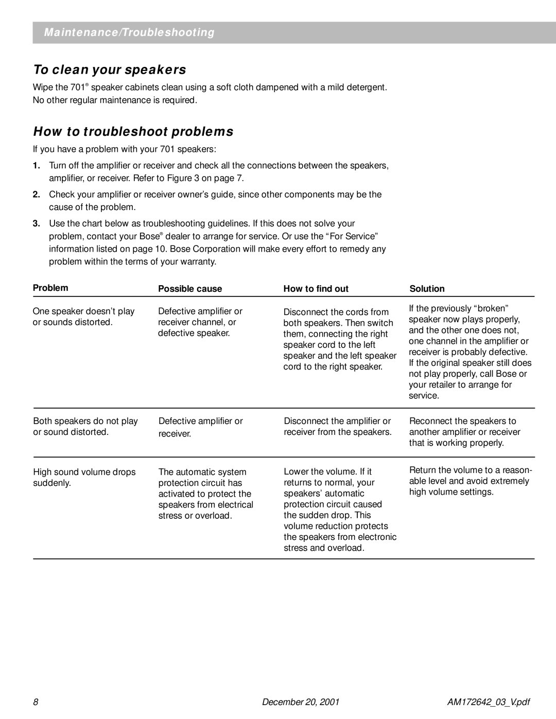 Bose 701 manual To clean your speakers, How to troubleshoot problems 