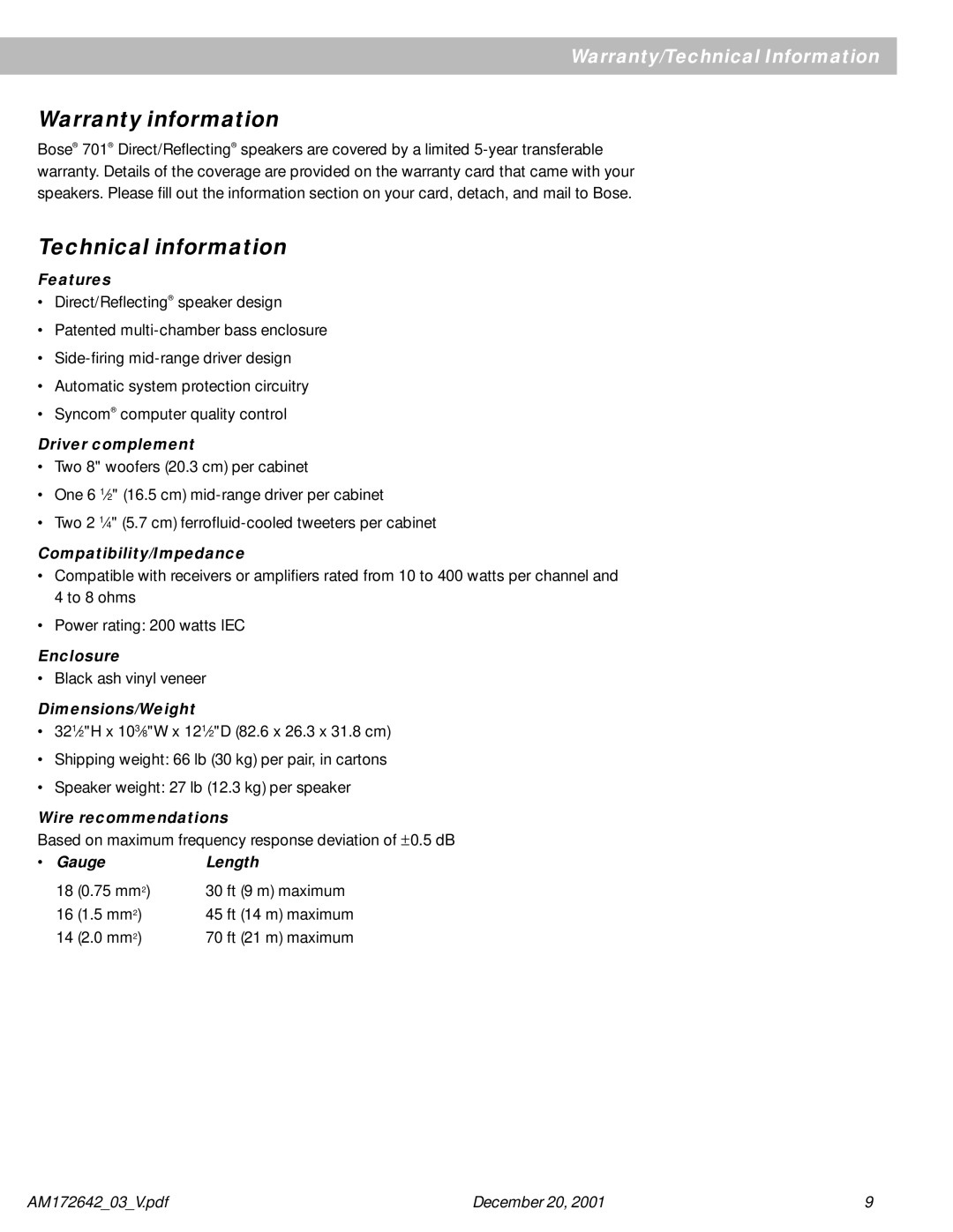 Bose 701 manual Warranty information, Technical information 