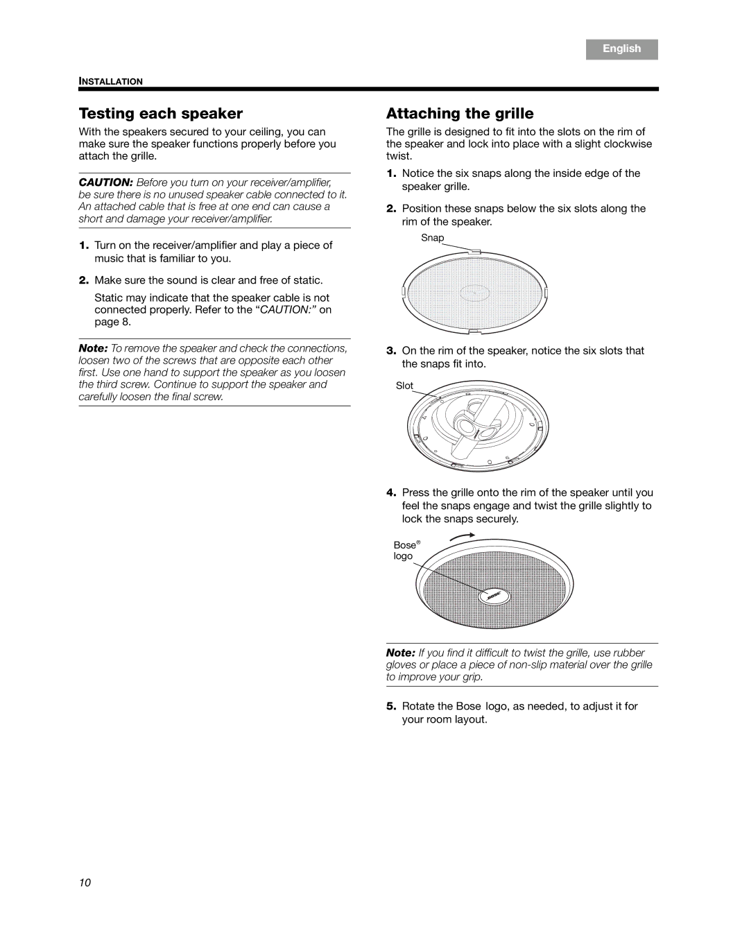 Bose 791 manual Testing each speaker, Attaching the grille 
