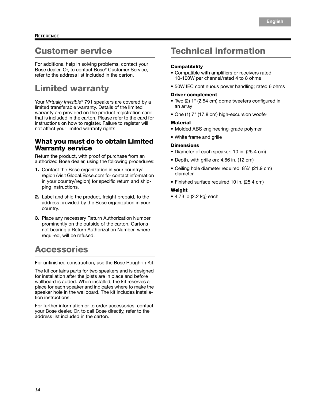 Bose 791 manual Customer service, Limited warranty, Accessories, Technical information 