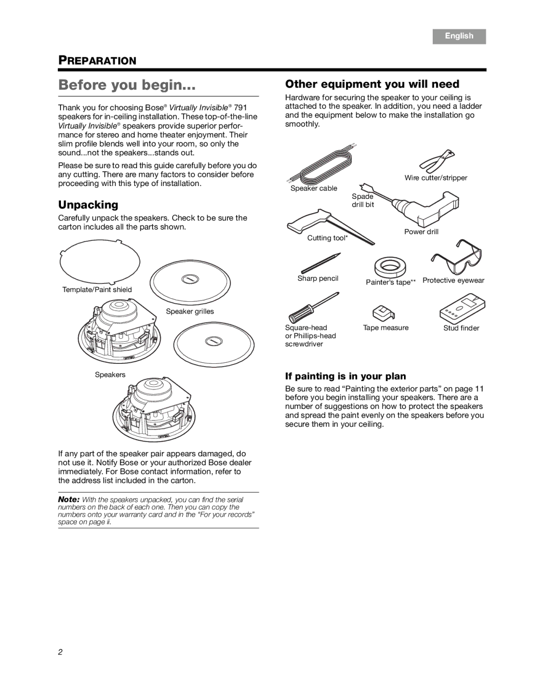 Bose 791 manual Before you begin, Unpacking, Other equipment you will need 