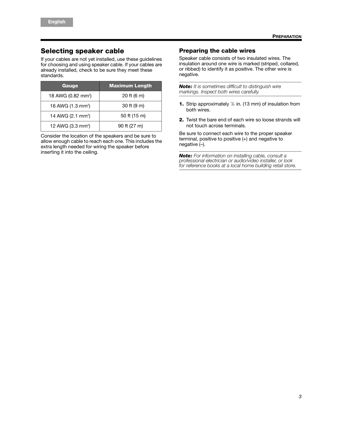 Bose 791 manual Selecting speaker cable, Gauge Maximum Length 