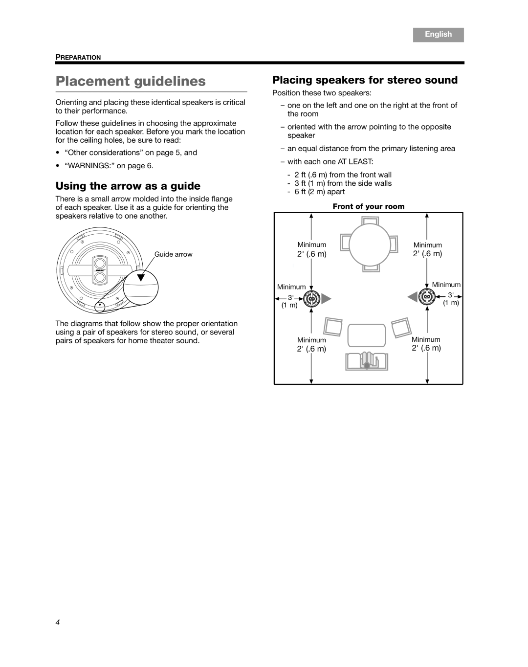 Bose 791 Placement guidelines, Placing speakers for stereo sound, Using the arrow as a guide, 2 .6m, Front of your room 