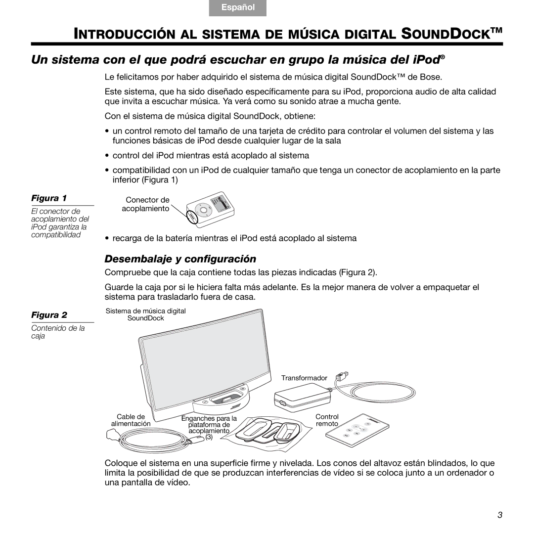 Bose 89, 336 manual Introducción AL Sistema DE Música Digital Sounddocktm, Desembalaje y configuración 