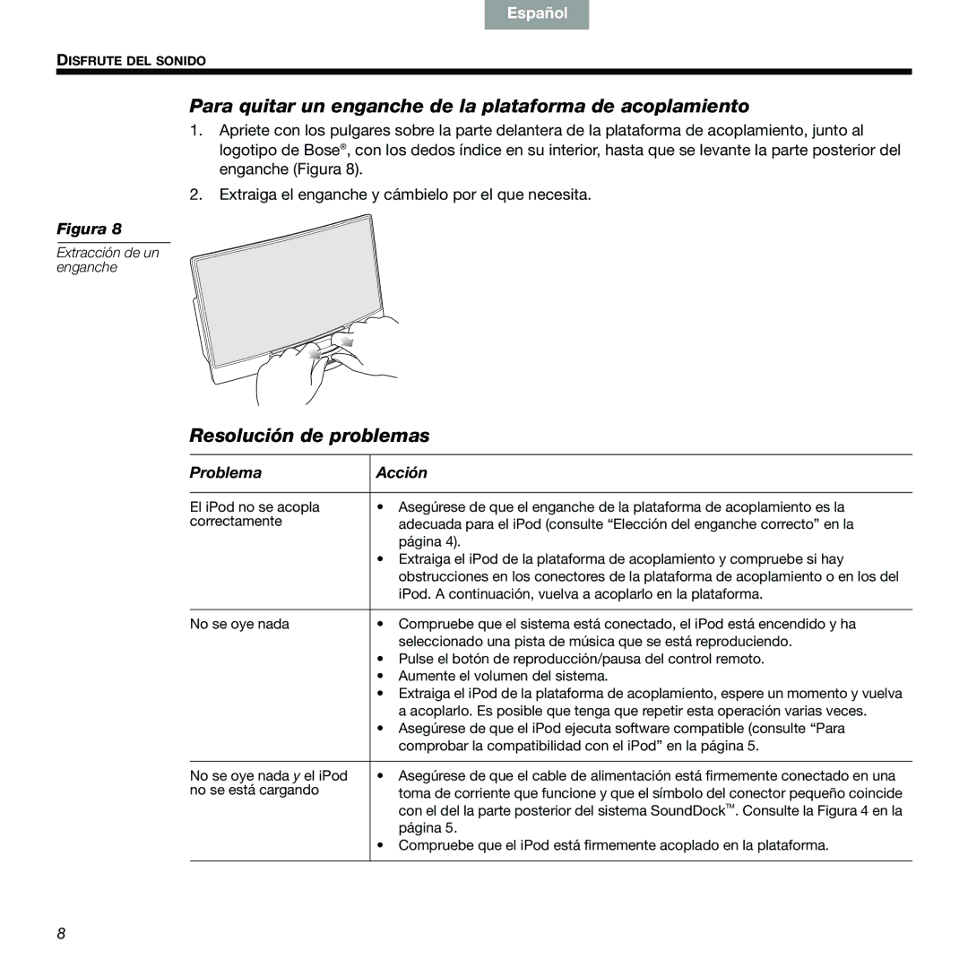 Bose 89, 336 manual Para quitar un enganche de la plataforma de acoplamiento, Resolución de problemas, Problema Acción 