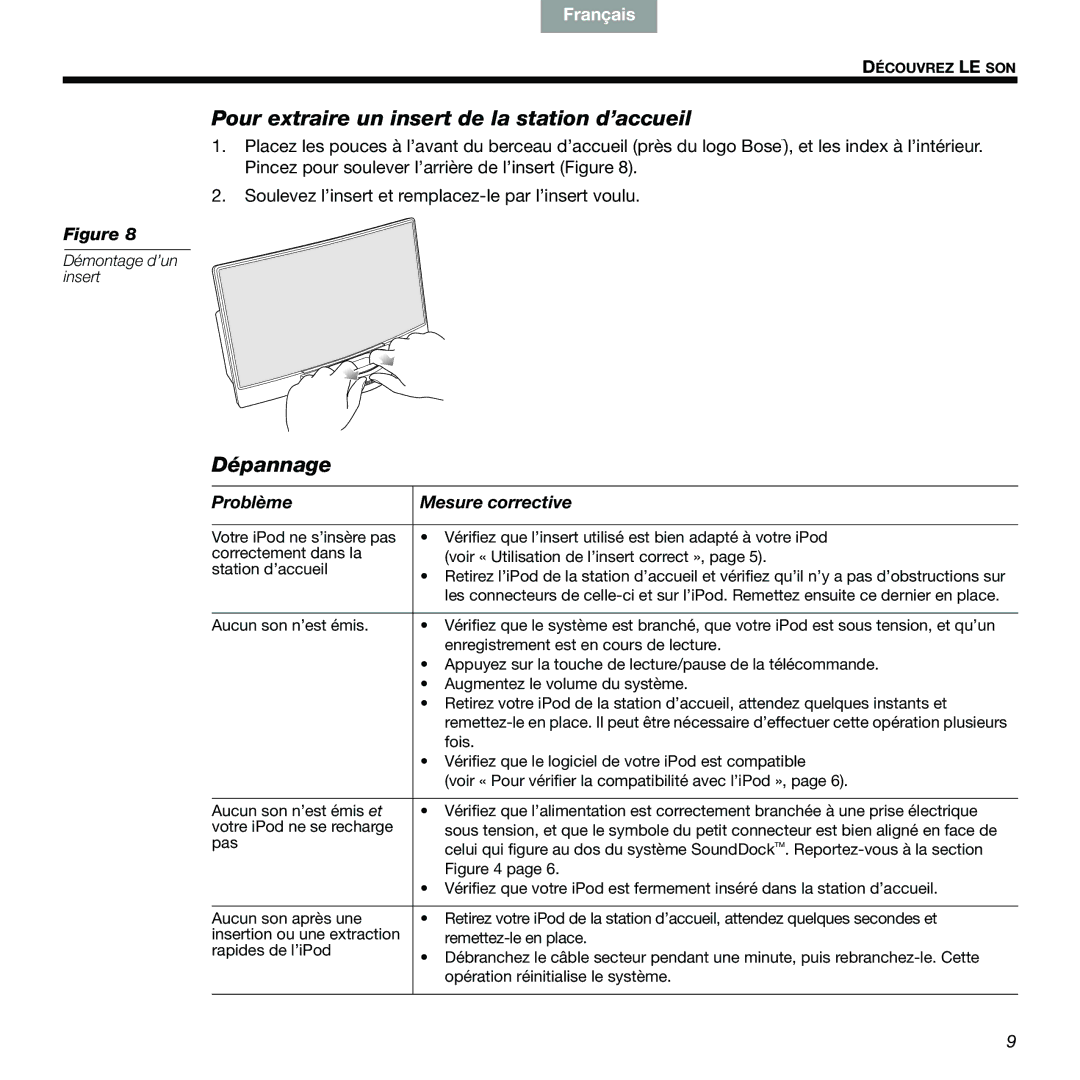 Bose 89, 336 manual Pour extraire un insert de la station d’accueil, Dépannage, Problème Mesure corrective 