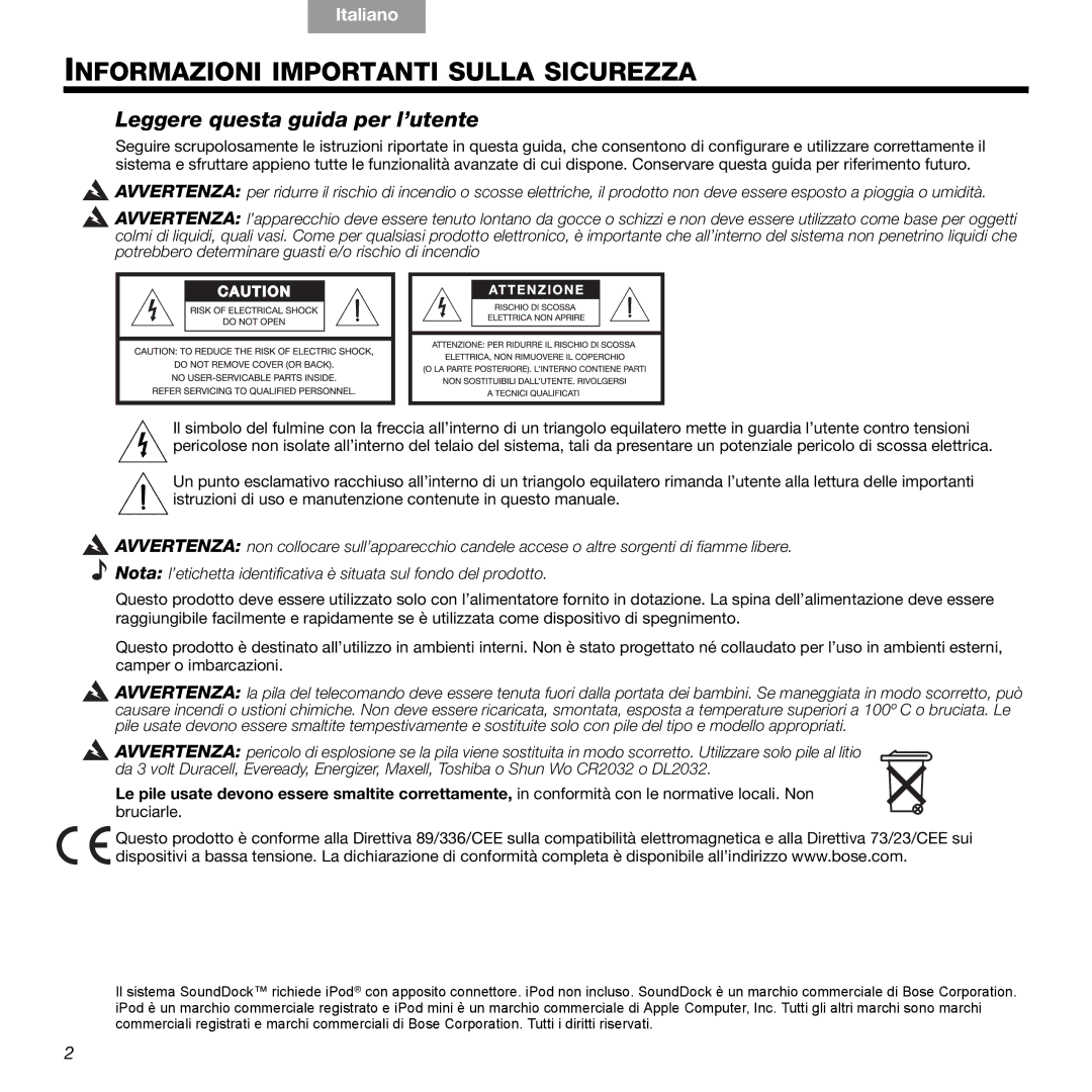 Bose 89, 336 manual Informazioni Importanti Sulla Sicurezza, Leggere questa guida per l’utente 