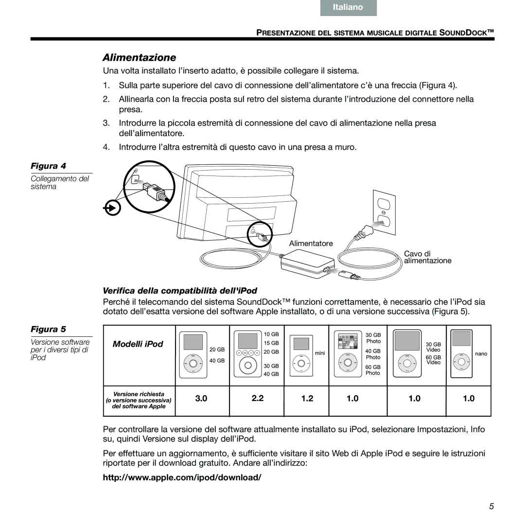 Bose 89, 336 manual Alimentazione, Verifica della compatibilità delliPod, Modelli iPod 