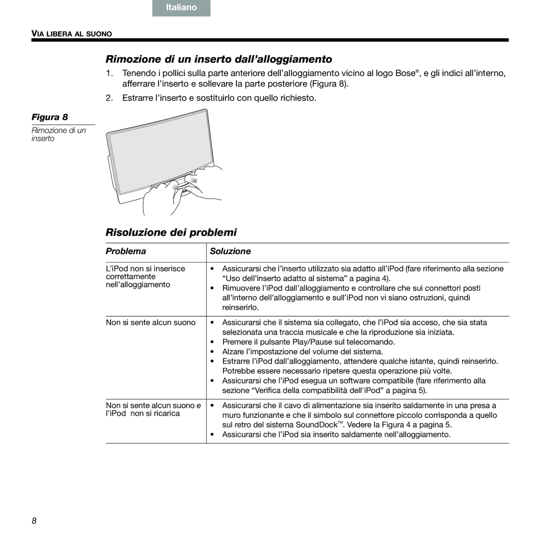 Bose 89, 336 manual Rimozione di un inserto dall’alloggiamento, Risoluzione dei problemi, Problema Soluzione 