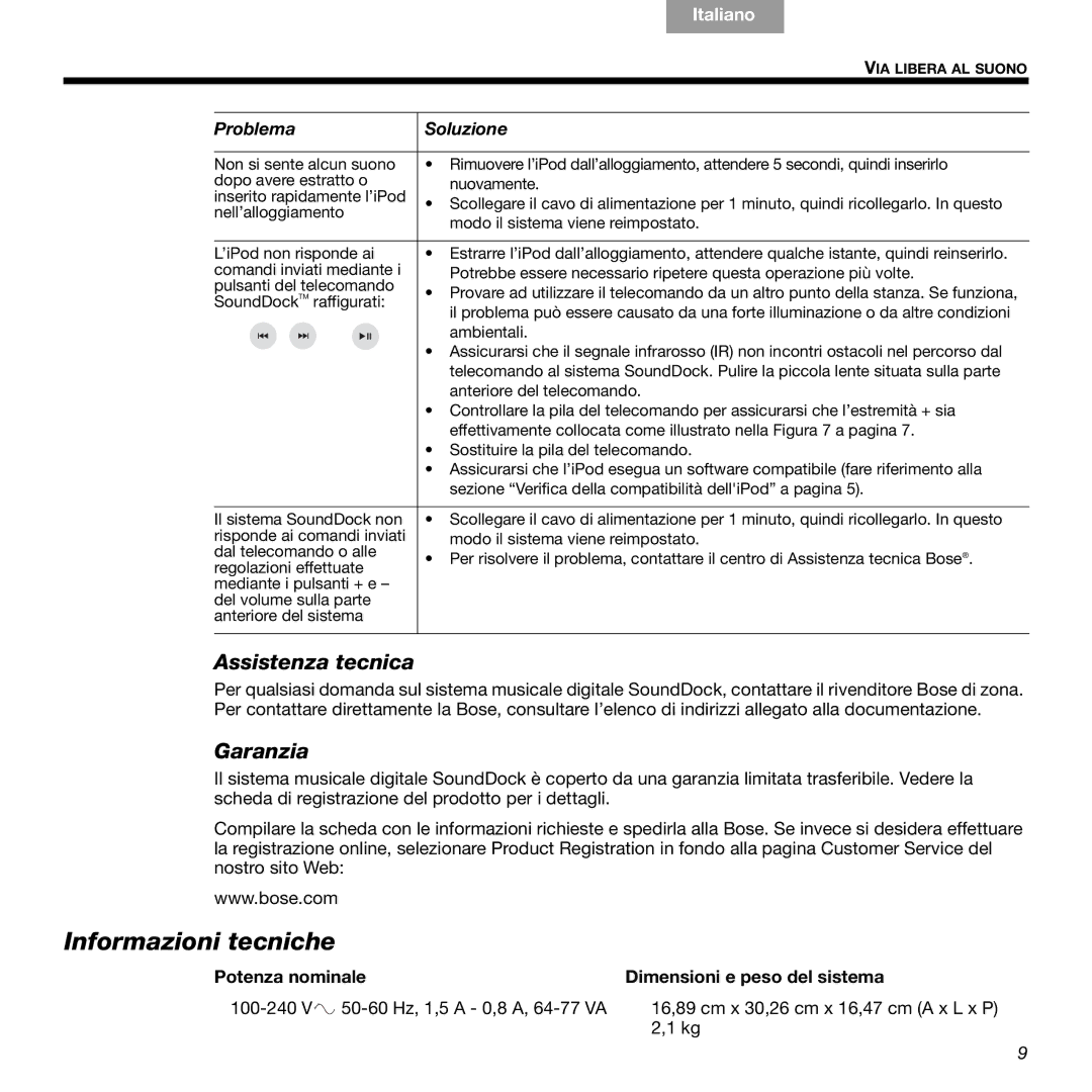 Bose 89, 336 manual Informazioni tecniche, Assistenza tecnica, Garanzia 