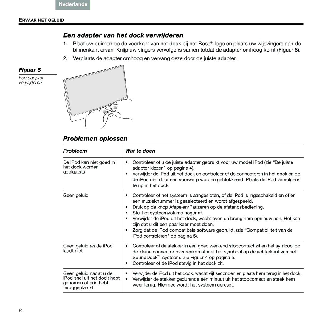 Bose 89, 336 manual Een adapter van het dock verwijderen, Problemen oplossen, Probleem Wat te doen 