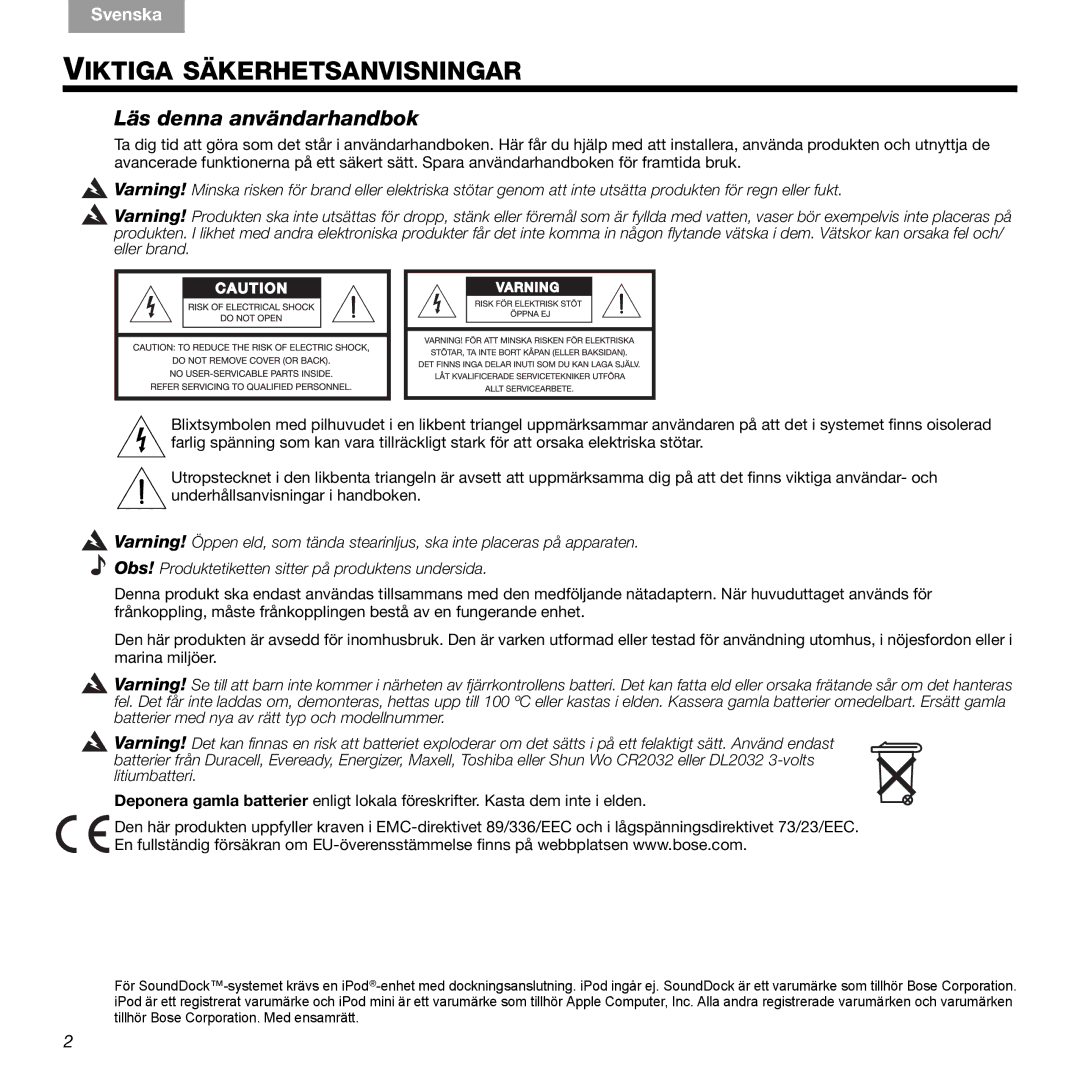 Bose 89, 336 manual Viktiga Säkerhetsanvisningar, Läs denna användarhandbok 