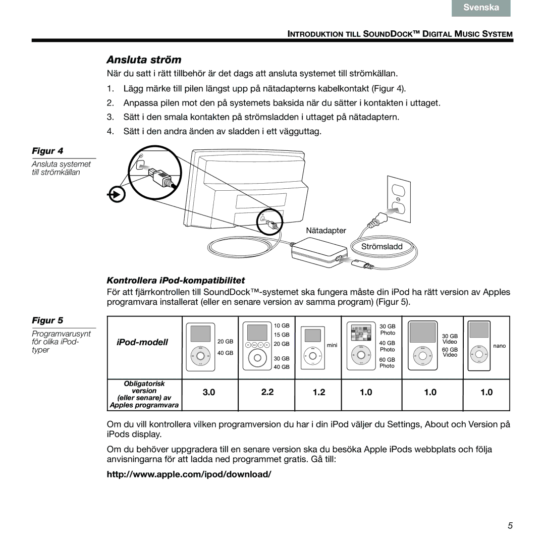 Bose 89, 336 manual Ansluta ström, Kontrollera iPod-kompatibilitet, IPod-modell 