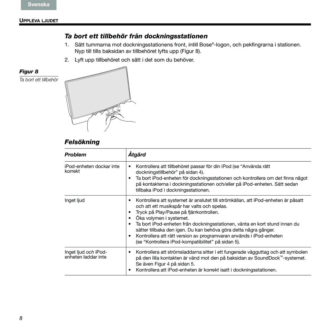 Bose 89, 336 manual Ta bort ett tillbehör från dockningsstationen, Felsökning, Problem Åtgärd 