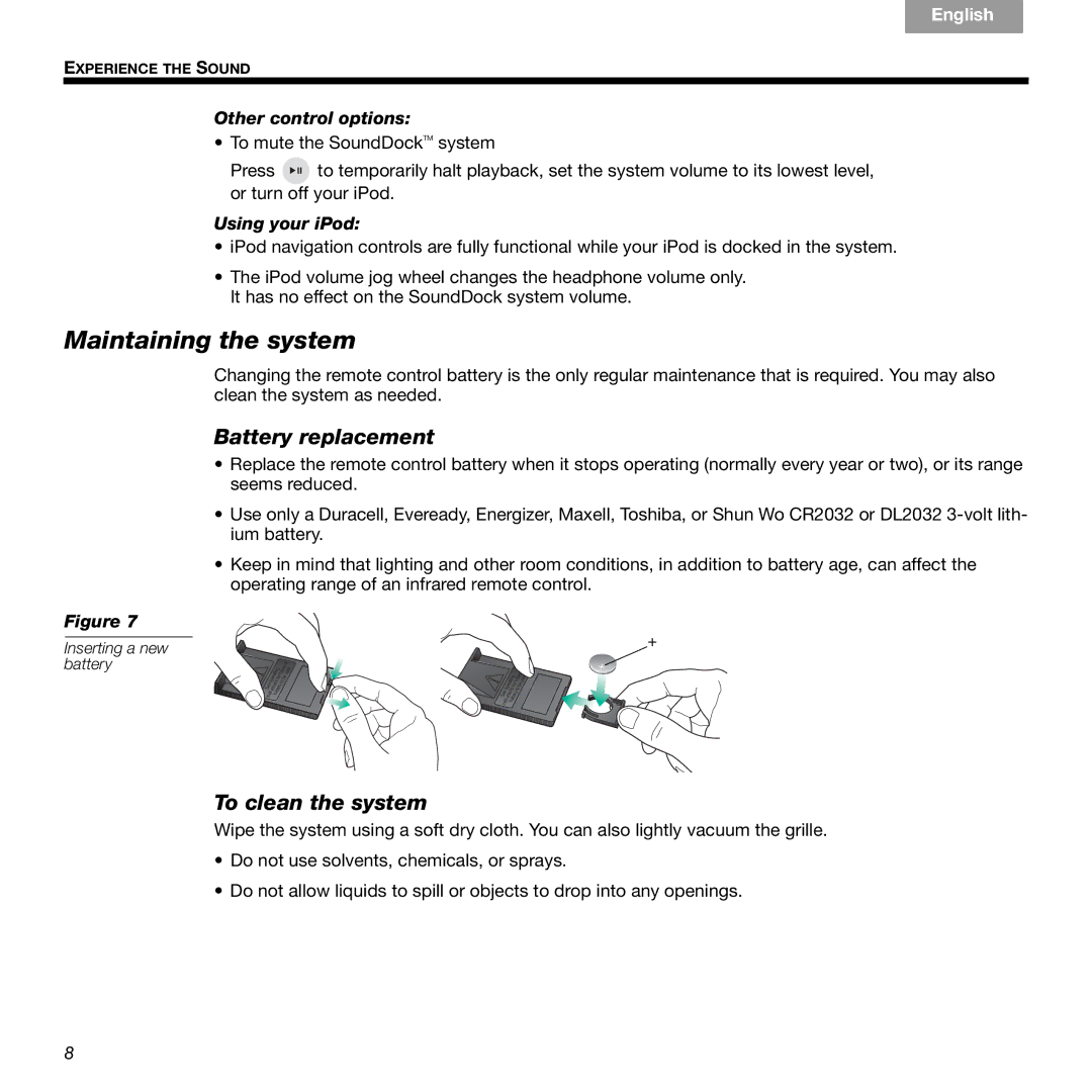 Bose 89, 336 Maintaining the system, Battery replacement, To clean the system, Other control options, Using your iPod 