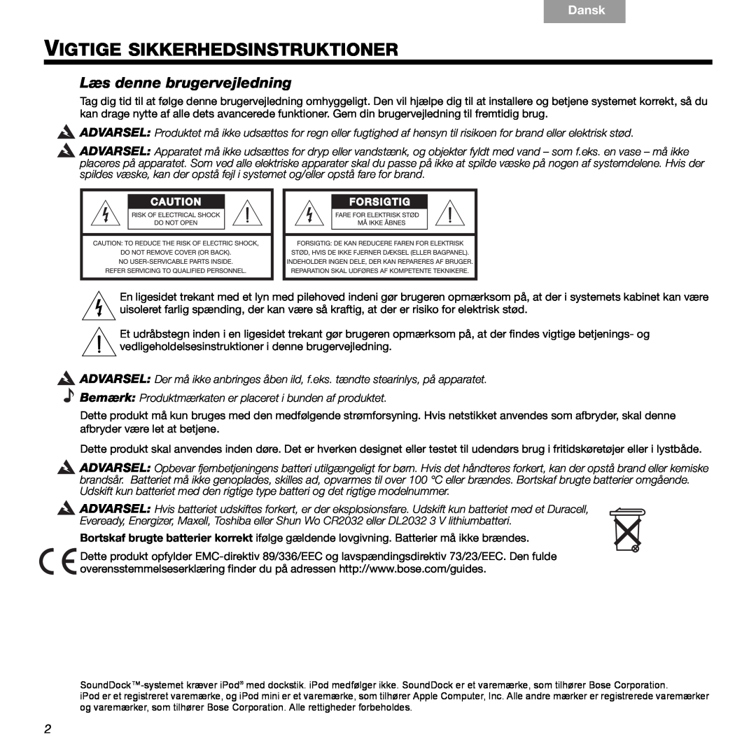 Bose 89, 336 manual Vigtige Sikkerhedsinstruktioner, Læs denne brugervejledning, Dansk 