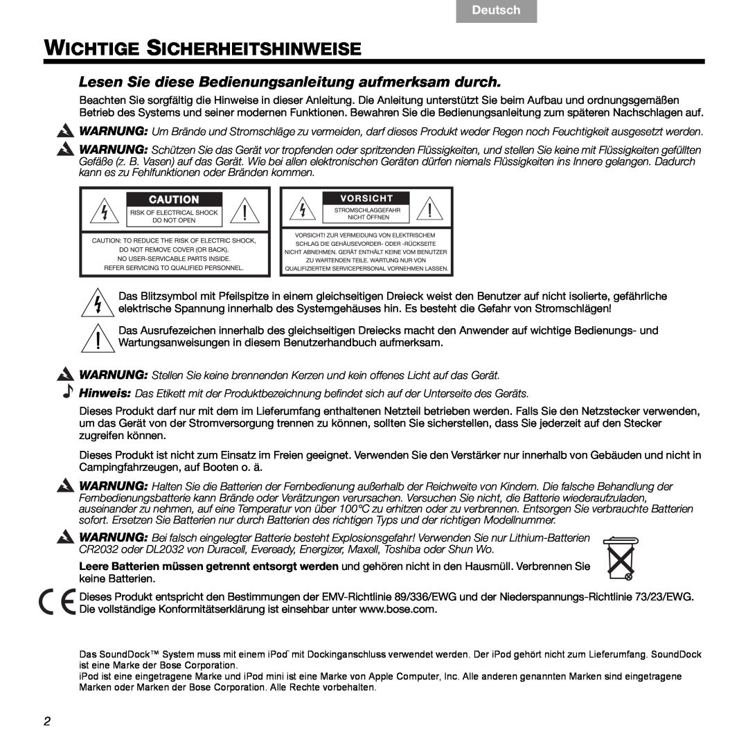 Bose 89, 336 manual Wichtige Sicherheitshinweise, Lesen Sie diese Bedienungsanleitung aufmerksam durch, Deutsch 