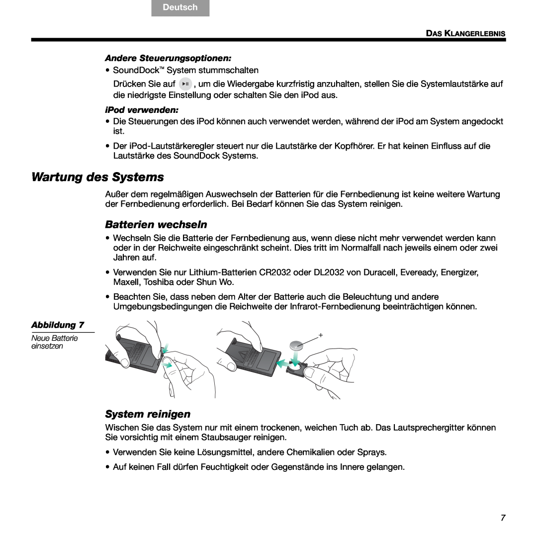 Bose 336 Wartung des Systems, Batterien wechseln, System reinigen, Andere Steuerungsoptionen, iPod verwenden, Deutsch 
