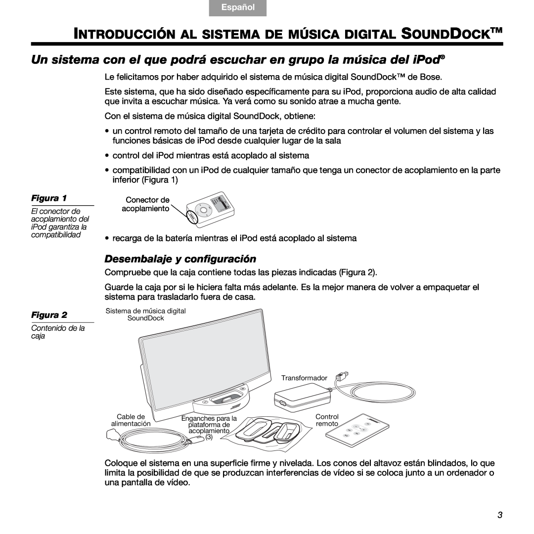Bose 89, 336 manual Introducción Al Sistema De Música Digital Sounddocktm, Desembalaje y configuración, Figura, Español 