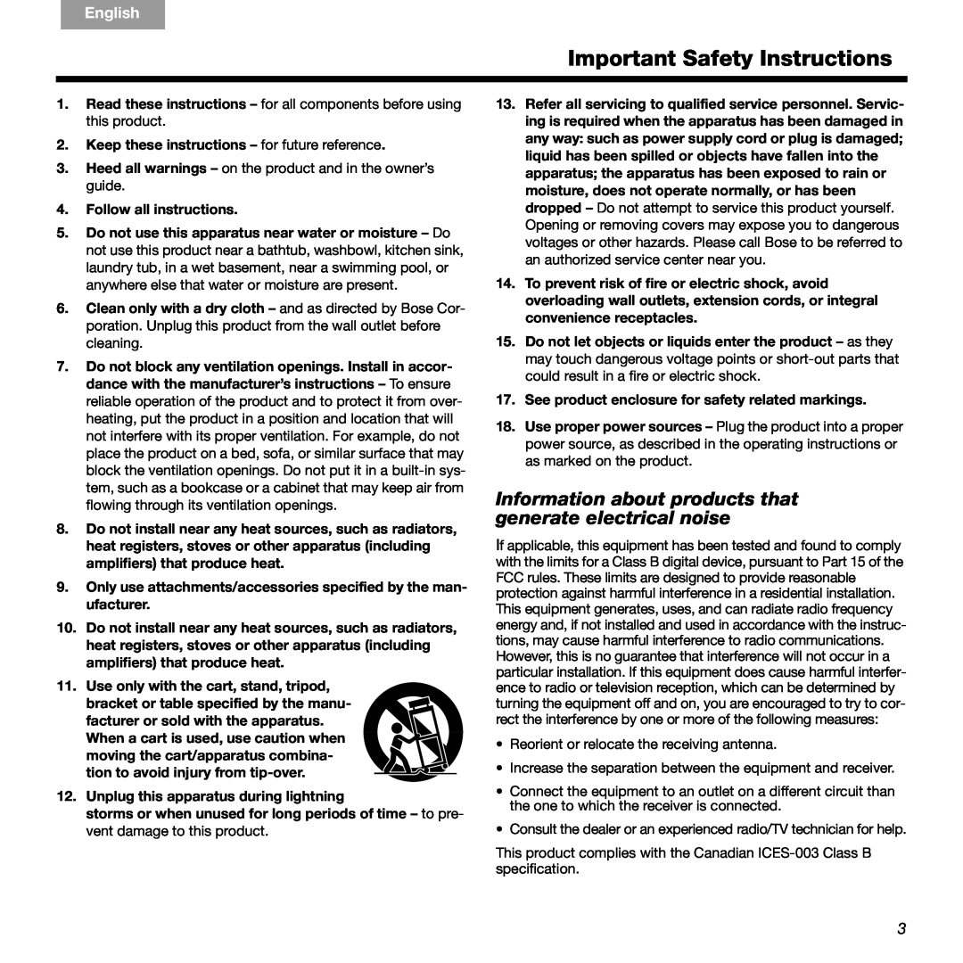 Bose 336 Important Safety Instructions, Information about products that generate electrical noise, English, Dansk, Deutsch 