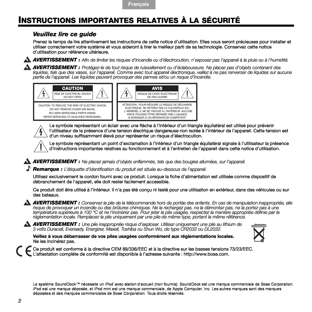 Bose 89, 336 manual Instructions Importantes Relatives À La Sécurité, Veuillez lire ce guide, Français 
